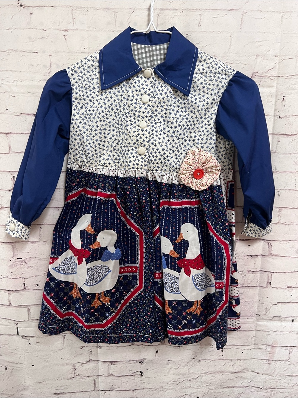 Vintage Handmade Girls Dress 4T Blue Novelty Goose Quilt Country Cottagecore